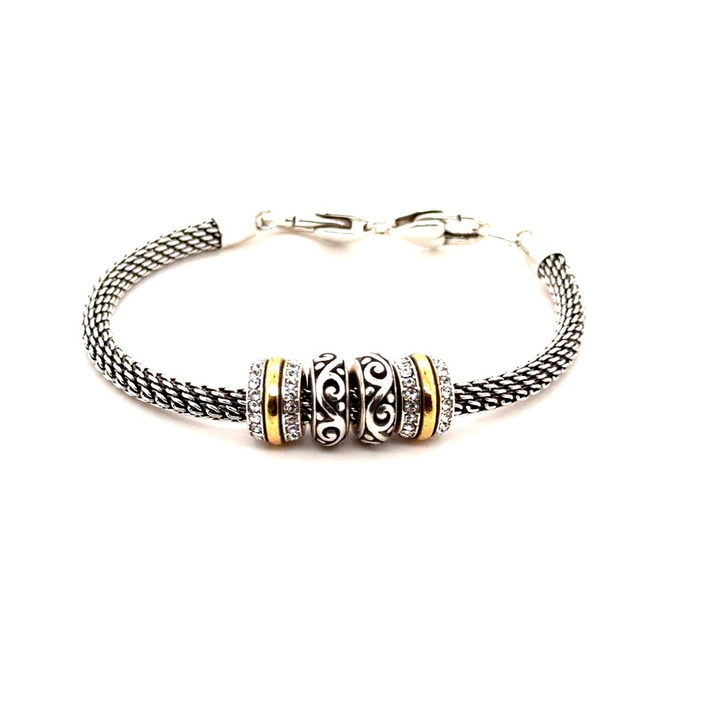 Brighton Silver Gold Mesh Slide Charm Bracelet Crystal Scroll Heart Clasp 8in